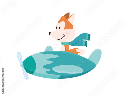 Cute fox flying an airplane with scarf fluttering. Funny pilot flying on planes. Cartoon vector illustration isolated on a white background