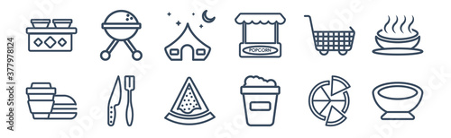 12 pack of icons. thin outline icons such as empty bowl, canjica, knife and fork, cart graphic, night camping, closed barbacue for web and mobile apps, logo