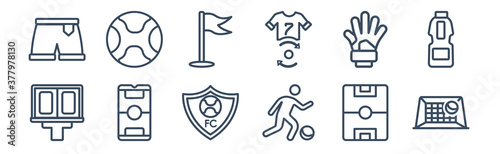 12 pack of icons. thin outline icons such as goal, soccer player, app, gloves, pennant, soccer ball for web and mobile apps, logo