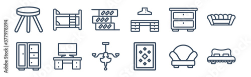 12 pack of icons. thin outline icons such as bed, carpet, tv table, bedside table, shelves, bunk bed for web and mobile apps, logo