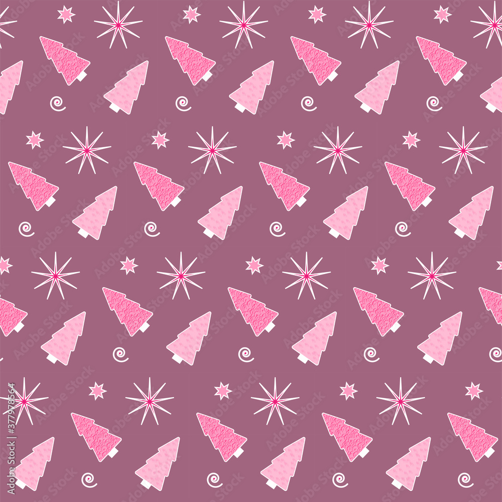seamless pattern of pink Christmas trees, stars and spirals with white outline on a lilac background seamless pattern of pink Christmas trees, stars and spirals with white outline on a lilac background