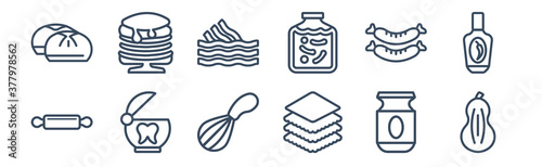 12 pack of icons. thin outline icons such as butternut squash, lasagne, floss, sausage, bacon, pancakes for web and mobile apps, logo
