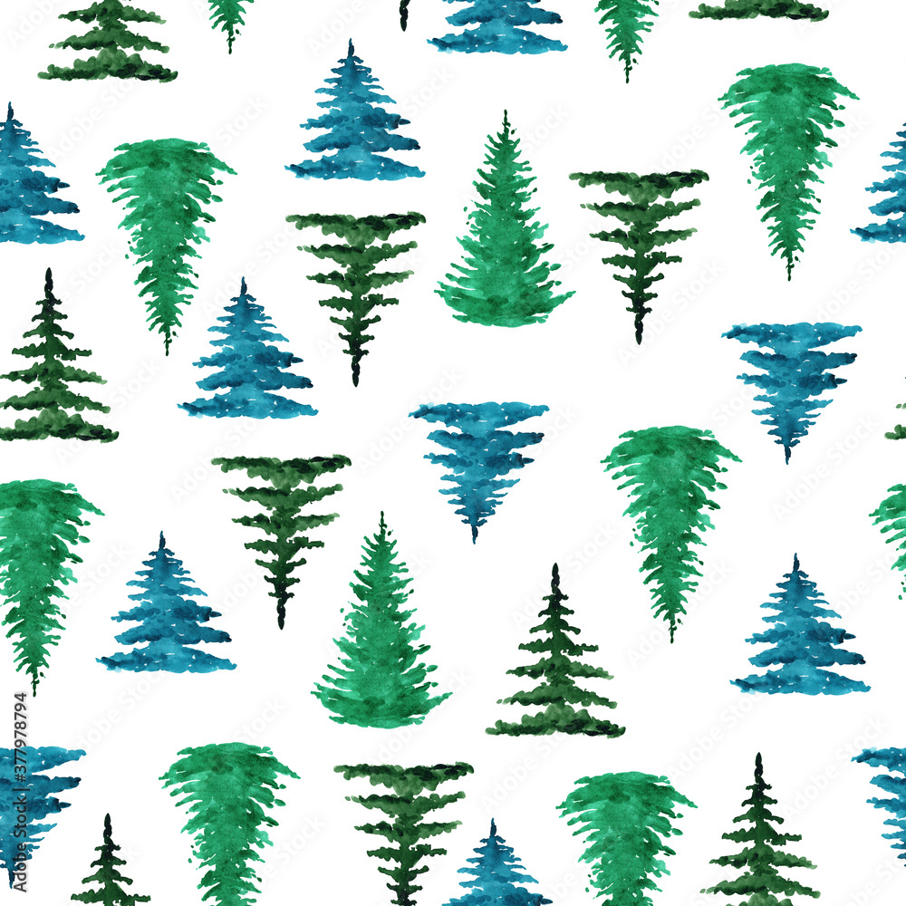 watercolor green pine trees seamless pattern on white background. For fabric, textile, wrapping, scrapbooking, wallpaper