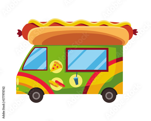 Street fast food. Mobile food car. Hot dog fast food street shop. Hot dog street cart, food market