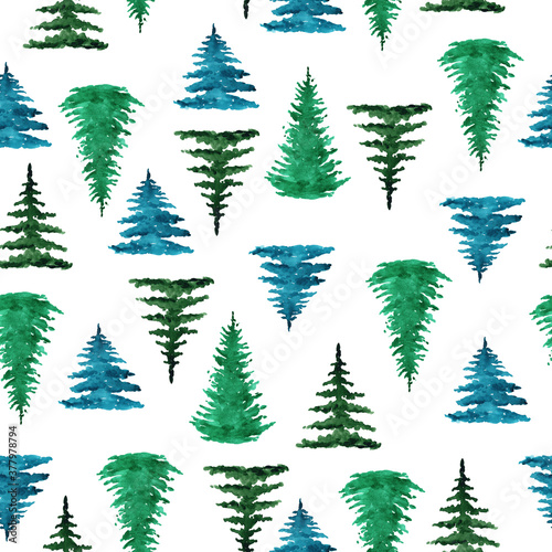watercolor green pine trees seamless pattern on white background. For fabric  textile  wrapping  scrapbooking  wallpaper