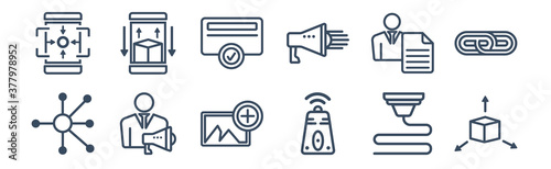 12 pack of icons. thin outline icons such as 3d modeling, active sensor, advertising agency, agent script, annual fee, ar app for web and mobile apps, logo