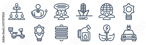 12 pack of icons. thin outline icons such as electro car, engine oil, fintech innovation, global team, group opinion, hr manager for web and mobile apps, logo