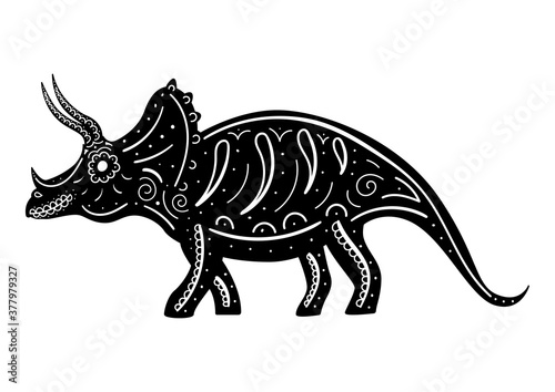 The stylized silhouette of triceratops decorated with patterns.
