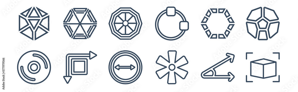 12 pack of icons. thin outline icons such as 3d cube, asterisk, dimensions, double hexagon of small triangles, ennegon, hexahedron for web and mobile apps, logo 12 pack of icons. thin outline icons such as 3d cube, asterisk, dimensions, double hexagon of small triangles, ennegon, hexahedron for web and mobile apps, logo