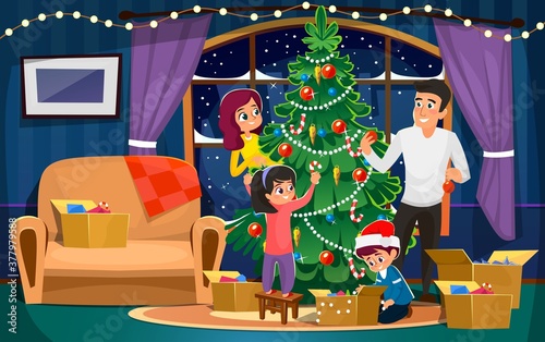 Happy family decorating Christmas tree in the living room. Holiday interior with snowy window, sofa, Christmas elements, parents and children. Vector illustration