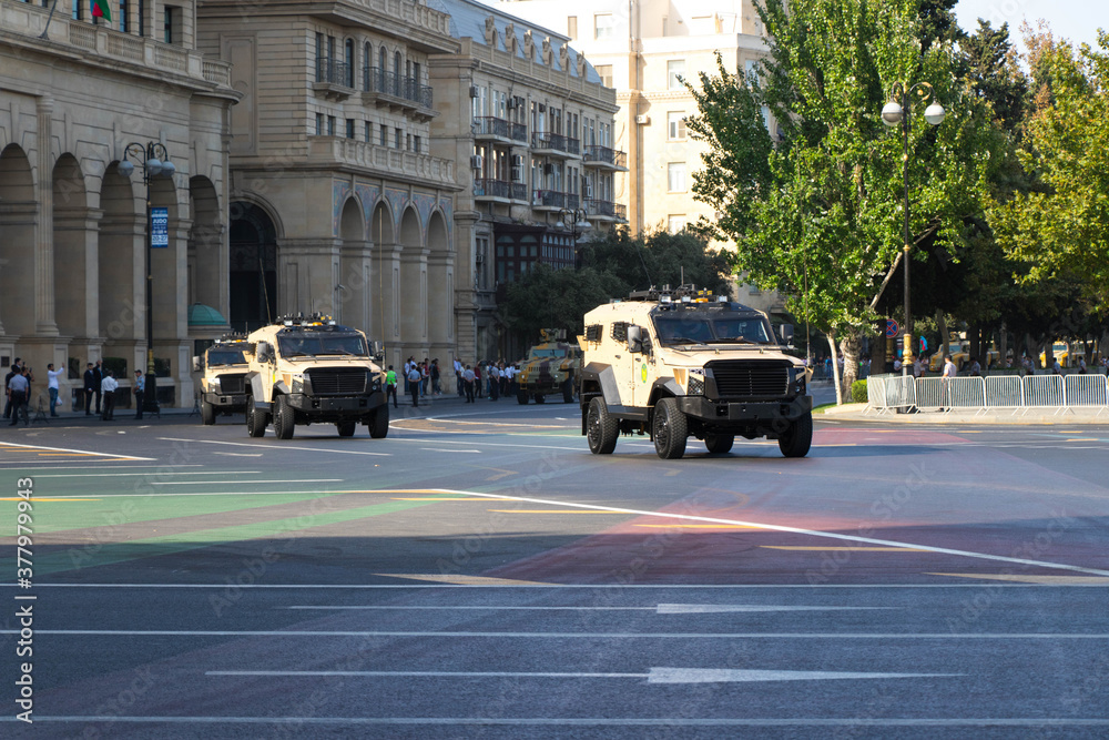 BAKU, AZERBAIJAN - 15 September 2018 - Military Parade in Baku. Azerbaijan on Army Day. Armored cars