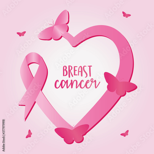 breast cancer awareness design with pink heart ribbon and butterflies
