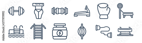 12 pack of icons. thin outline icons such as vaulting horse, stretching punching ball, swedish wall, training gloves, triceps bar, waist for web and mobile apps, logo