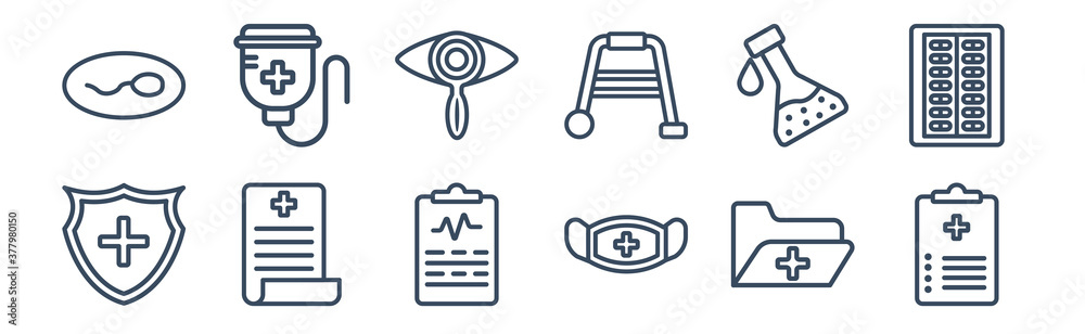 12 pack of icons. thin outline icons such as medical checklist, medical mask, medical result, substance, ophthalmology, saline for web and mobile apps, logo 12 pack of icons. thin outline icons such as medical checklist, medical mask, medical result, substance, ophthalmology, saline for web and mobile apps, logo