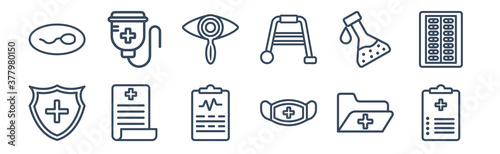 12 pack of icons. thin outline icons such as medical checklist, medical mask, medical result, substance, ophthalmology, saline for web and mobile apps, logo
