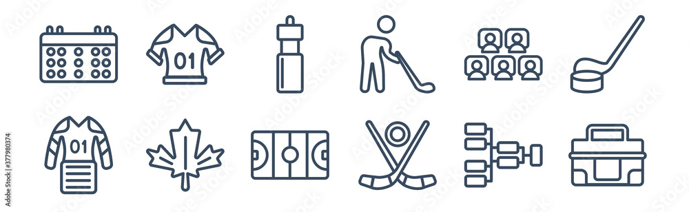 12 pack of icons. thin outline icons such as medical kit, ice hockey, maple leaf, visitors, drink, armour for web and mobile apps, logo
