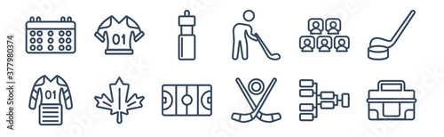 12 pack of icons. thin outline icons such as medical kit, ice hockey, maple leaf, visitors, drink, armour for web and mobile apps, logo