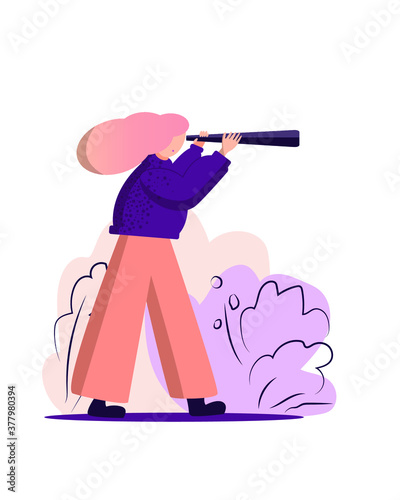 Stock vector illustration of young woman looking through spyglass. Cartoon, flat design girl with long hair standing in violet bushes and exploring telescope. Universe observation image on white.