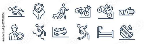 12 pack of icons. thin outline icons such as accident, fall accident, falling from stairs, motorcycle accident, bite, dental insurance for web and mobile apps, logo