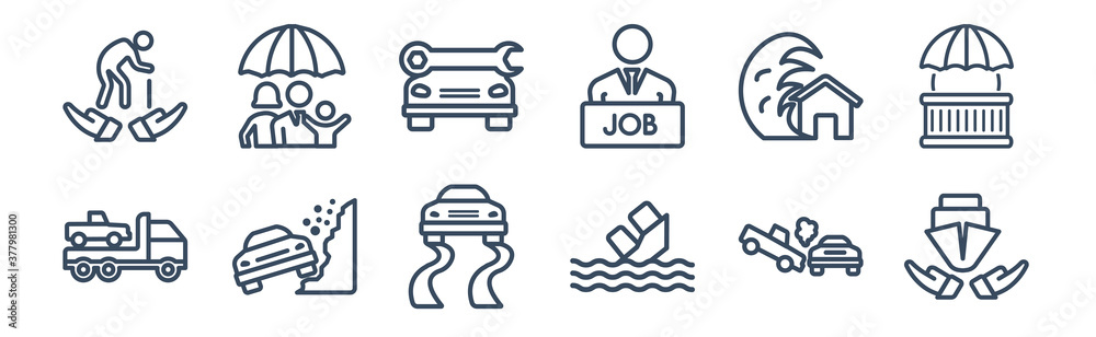 12 pack of icons. thin outline icons such as ship insurance, sinking, stone on the road, tsunami insurance, vehicle repair, family insurance for web and mobile apps, logo 12 pack of icons. thin outline icons such as ship insurance, sinking, stone on the road, tsunami insurance, vehicle repair, family insurance for web and mobile apps, logo