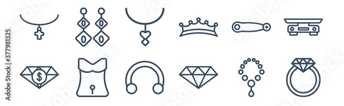 12 pack of icons. thin outline icons such as engagement, jewelry, belly piercing, brooch, locket, earring for web and mobile apps, logo
