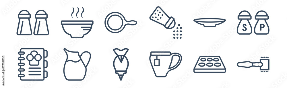 12 pack of icons. thin outline icons such as meat tenderizer, mug, pitcher, saucer, skillet, soup bowl for web and mobile apps, logo 12 pack of icons. thin outline icons such as meat tenderizer, mug, pitcher, saucer, skillet, soup bowl for web and mobile apps, logo