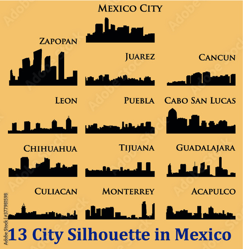 Set of 13 city silhouette in Mexico ( Mexico City, Juarez, Culiacan, Monterrey, Puebla, Cancun, Leon, Tijuana, Acapulco, Zapopan, Cabo San Lucas, Chihuahua, Guadalajara  )