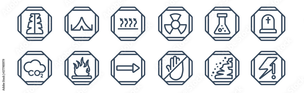 12 pack of icons. thin outline icons such as lightning warning, stop, fire warning, chemical products, heat, tent for web and mobile apps, logo 12 pack of icons. thin outline icons such as lightning warning, stop, fire warning, chemical products, heat, tent for web and mobile apps, logo