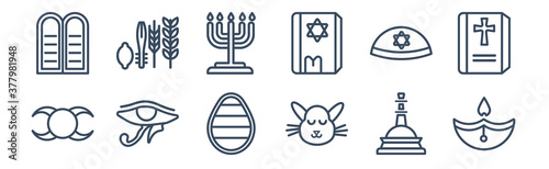 12 pack of icons. thin outline icons such as diwali, easter bunny, eye of ra, kippah, jewish candles, four species for web and mobile apps, logo