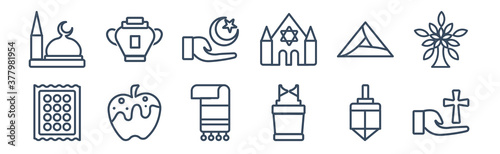 12 pack of icons. thin outline icons such as christianity, ark of the convenant, apple and honey, hamantaschen, islam, manna jar for web and mobile apps, logo