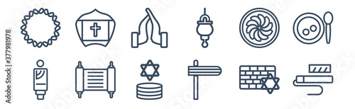 12 pack of icons. thin outline icons such as tefilin, gragger, torah, apple cake, pray, pope for web and mobile apps, logo photo