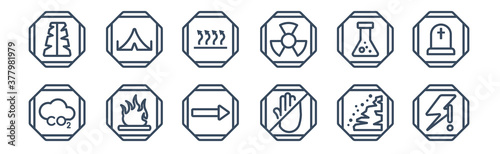 12 pack of icons. thin outline icons such as lightning warning, stop, fire warning, chemical products, heat, tent for web and mobile apps, logo