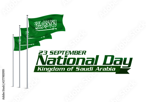 vector illustration. the national holiday of the Kingdom of Saudi Arabia, is celebrated on September 23. Graphic design flags and symbolic green colors. translation Arabic: Kingdom of Saudi Arabia