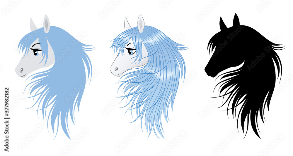 Fototapeta premium Set of cute horse with a blue hair. Silhouette of head of a unicorn.