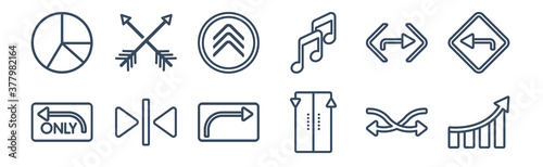 12 pack of icons. thin outline icons such as evolution, lift, elevator arrows, right turn, up chevron, crossed arrows for web and mobile apps, logo
