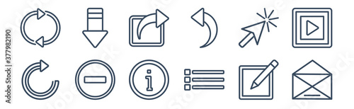 12 pack of icons. thin outline icons such as email envelope button, list button, rounded delete button with minus, mouse arrow, export arrow, download arrow for web and mobile apps, logo