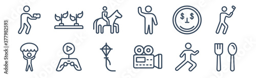 12 pack of icons. thin outline icons such as eating, film making, game playing, greedy, horse riding, hydroponics for web and mobile apps, logo