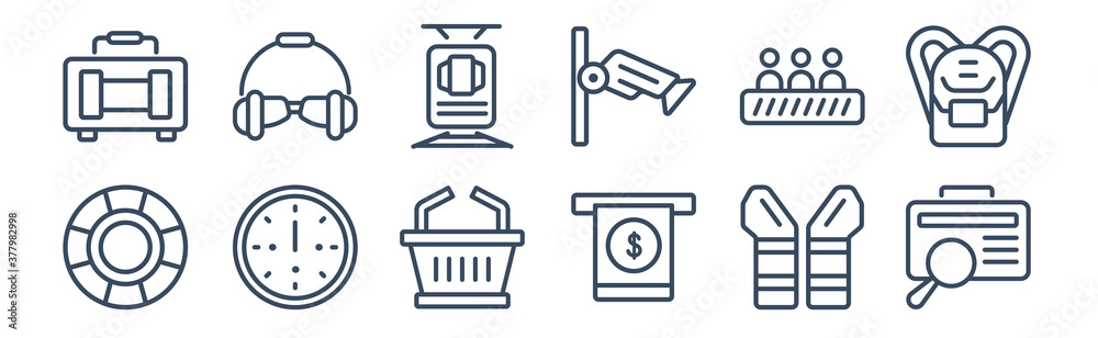 12 pack of icons. thin outline icons such as luggage inspection, dollar bill from cash machine, clock at twelve o'clock, escalator with right arrow, car trolley, aeroplane pilot glasses for web and 12 pack of icons. thin outline icons such as luggage inspection, dollar bill from cash machine, clock at twelve o'clock, escalator with right arrow, car trolley, aeroplane pilot glasses for web and