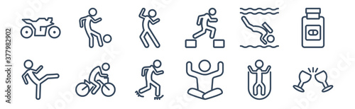 12 pack of icons. thin outline icons such as hang out, yoga, biking, diving, aerobic, freestyle for web and mobile apps, logo