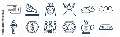 12 pack of icons. thin outline icons such as taxi, stamp for passports, high voltage, cloudy day, duty free bag, plane landing for web and mobile apps, logo