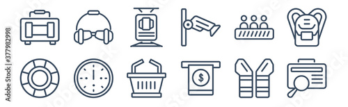 12 pack of icons. thin outline icons such as luggage inspection, dollar bill from cash machine, clock at twelve o'clock, escalator with right arrow, car trolley, aeroplane pilot glasses for web and