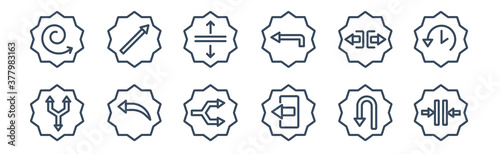 12 pack of icons. thin outline icons such as vertical merge, exit right, left curve arrow, horizontal split, vertical resize, diagonal arrows for web and mobile apps, logo