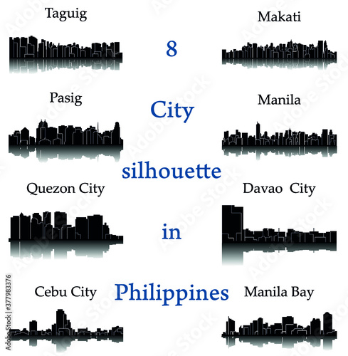 Set of 8 city silhouette in Philippines ( Quezon City, Davao City, Makati, Manila, Pasig, Taguig, Cebu, Manila Bay )