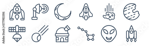 12 pack of icons. thin outline icons such as rocket ship, big dipper, comet, asteroid, half moon, voyager for web and mobile apps, logo