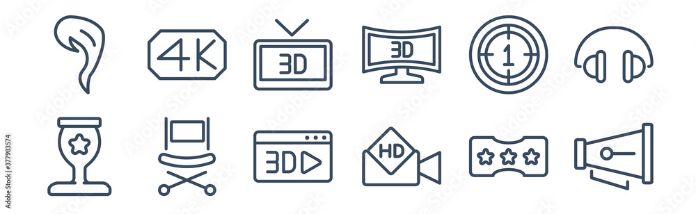 12 pack of icons. thin outline icons such as cinematographic announcer, hd video, director film chair, movie countdown, 3d movie, 4k for web and mobile apps, logo