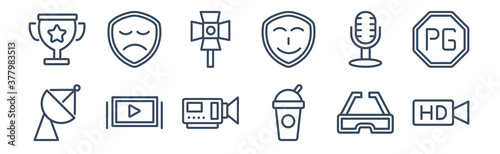 12 pack of icons. thin outline icons such as hd video, papper cup with straw, theatre screen, studio mic, cinema light source, sad mask for web and mobile apps, logo