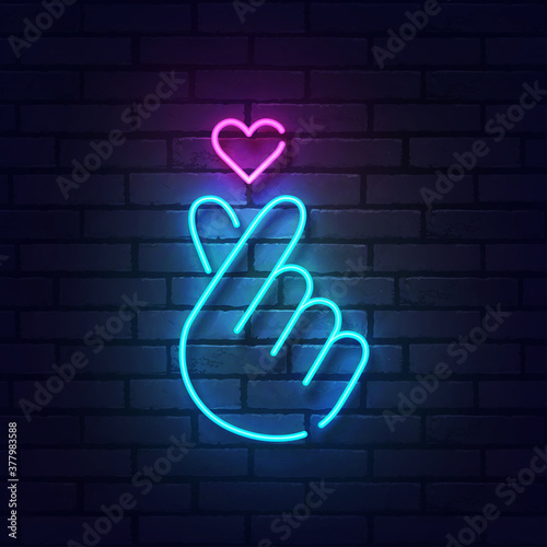 K-POP neon sign. Glowing neon light signboard of dog and cat pet house. Sign of Finger Heart with colorful neon lights isolated on brick wall. Vector illustration