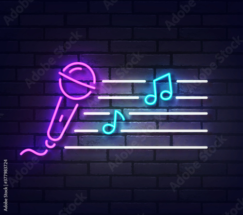 Microphone neon sign. Sign of musical notes with colorful neon lights isolated on brick wall. Vector illustration