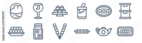 12 pack of icons. thin outline icons such as sachima, soya, cookies jar, pamonha, maria mole, brittle for web and mobile apps, logo