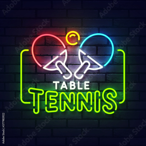 Ping Pong neon sign. Glowing neon light signboard of Table tennis. Sign of ping pong with colorful neon lights isolated on brick wall. Vector illustration